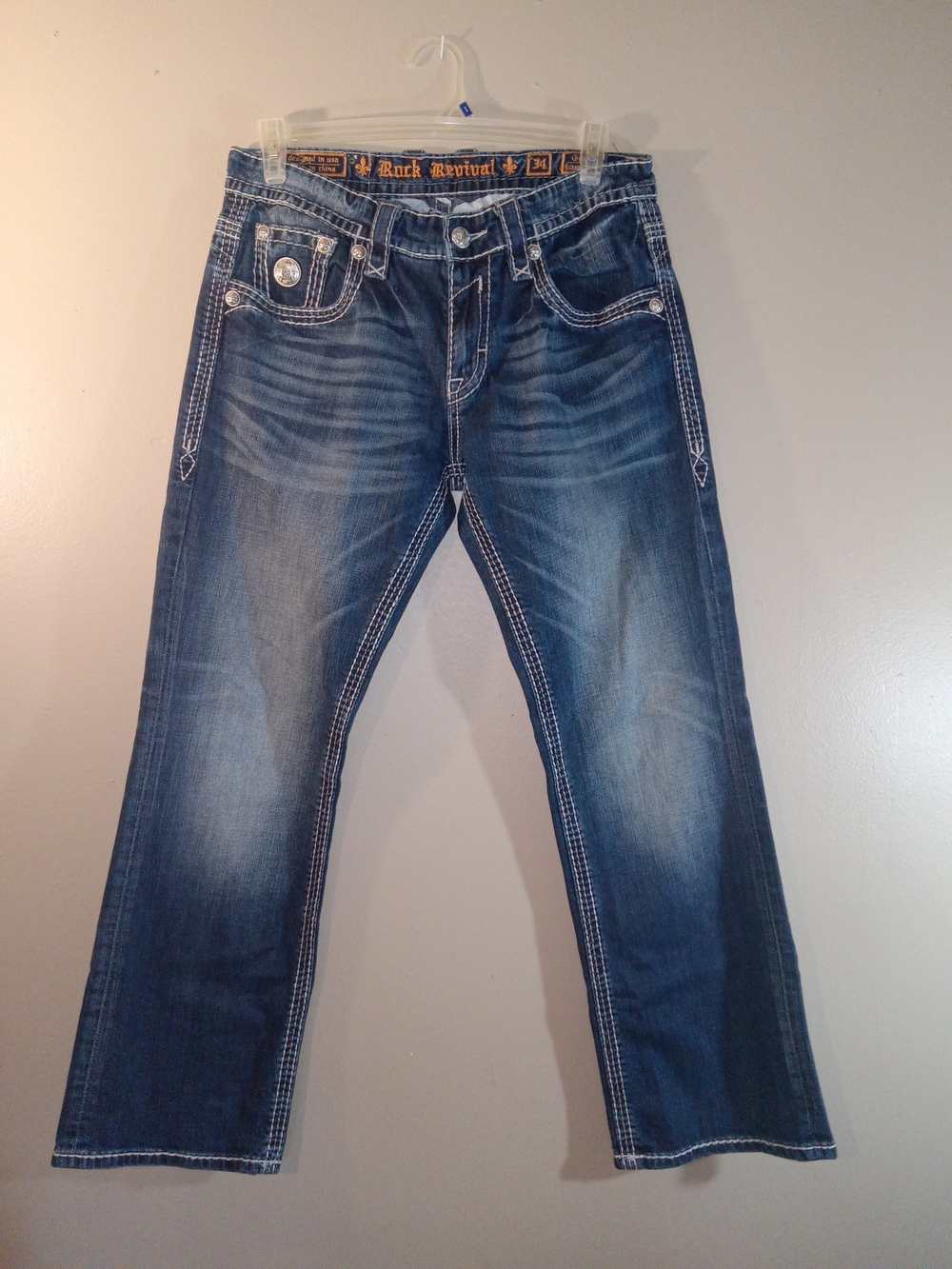 Rock Revival Gavin Men's Faded Blue Straight Jeans with White Contrast Stitching